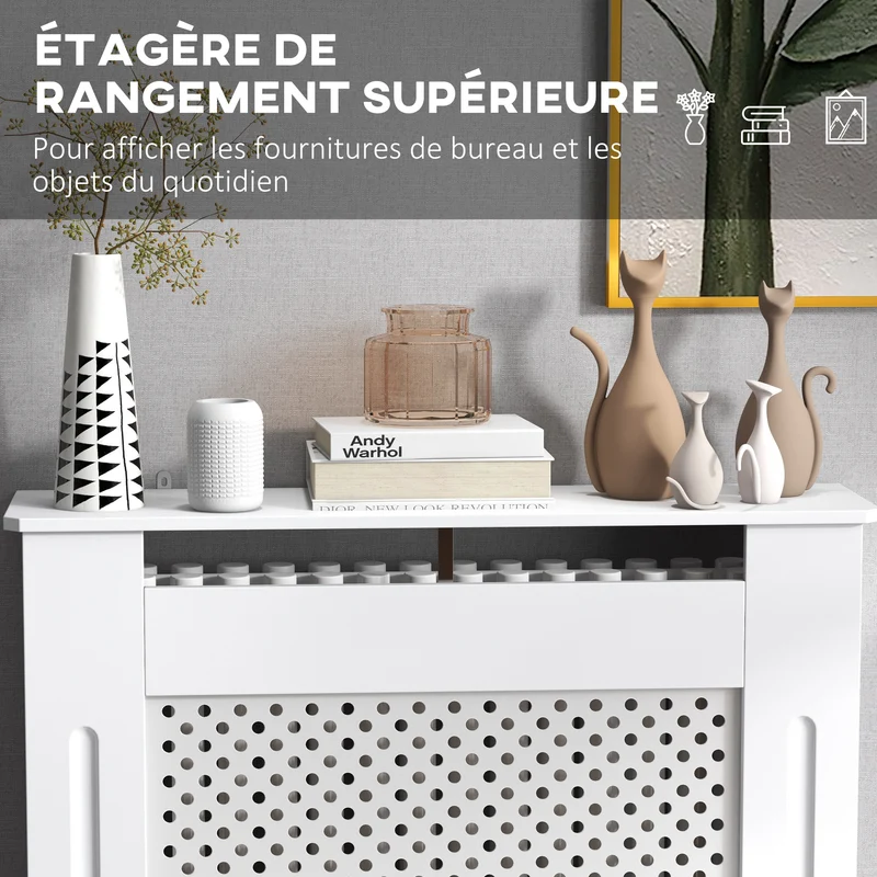 Cache-radiateur salon couloir 78 x 19 x 82 cm protection des mains et rangement pratique contemporain épuré en MDF blanc 21_0001098