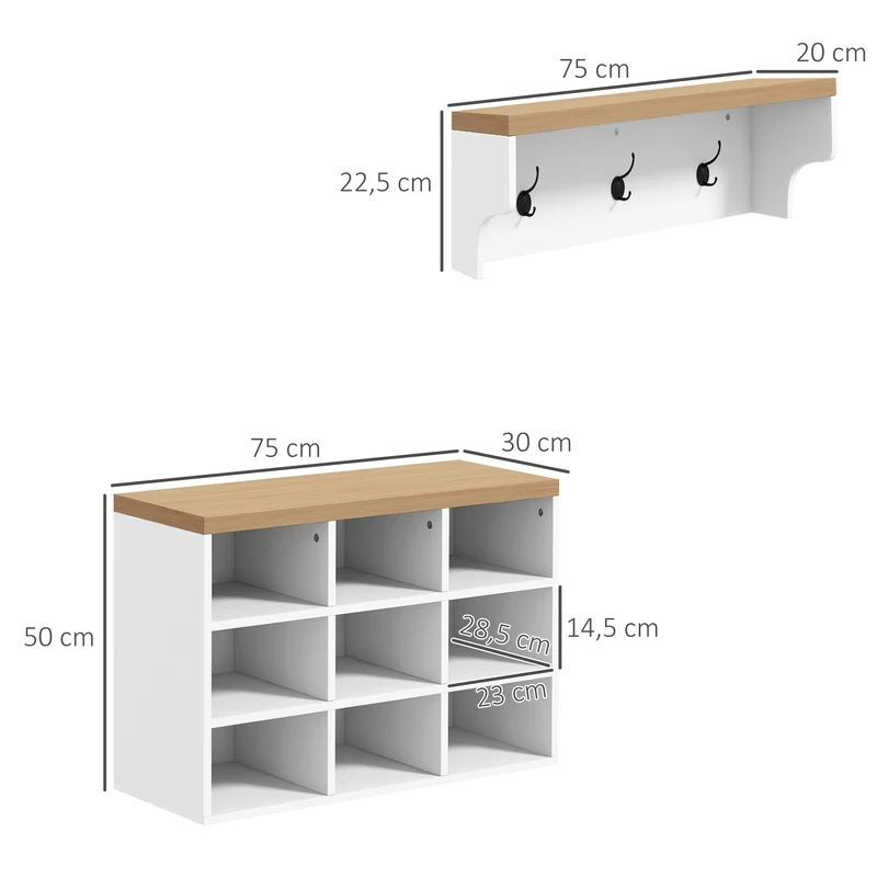 Banc porte-chaussures porte-manteau 75 x 30 x 50 cm gain de place 9 niches contemporain en panneau de particules blanc 21_0002696
