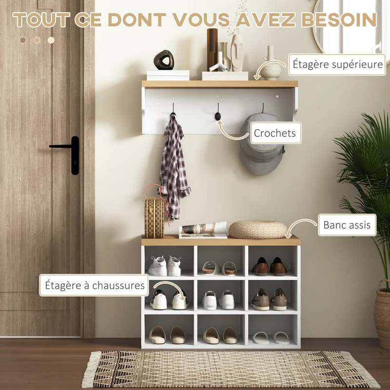 Banc porte-chaussures porte-manteau 75 x 30 x 50 cm gain de place 9 niches contemporain en panneau de particules blanc 21_0002696