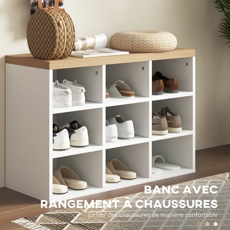 Banc porte-chaussures porte-manteau 75 x 30 x 50 cm gain de place 9 niches contemporain en panneau de particules blanc 21_0002696