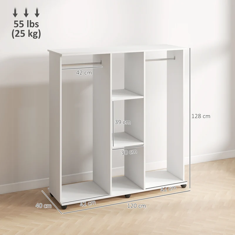 Armoire penderie mobile grande capacité 120 x 40 x 128 cm 2 barres 3 étagères moderne en panneau de particules blanc 21_0001424