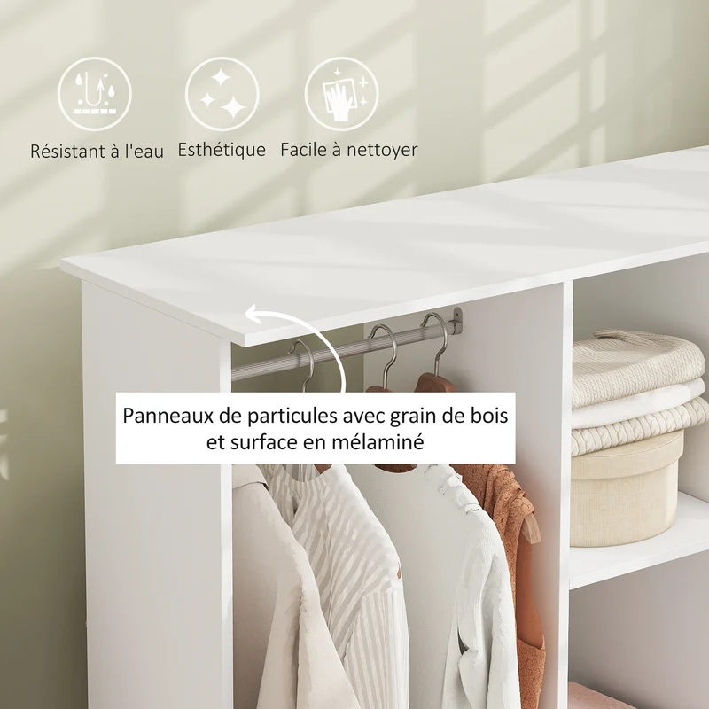 Armoire penderie mobile grande capacité 120 x 40 x 128 cm 2 barres 3 étagères moderne en panneau de particules blanc 21_0001424