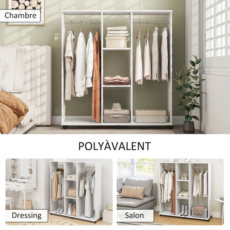 Armoire penderie mobile grande capacité 120 x 40 x 128 cm 2 barres 3 étagères moderne en panneau de particules blanc 21_0001424