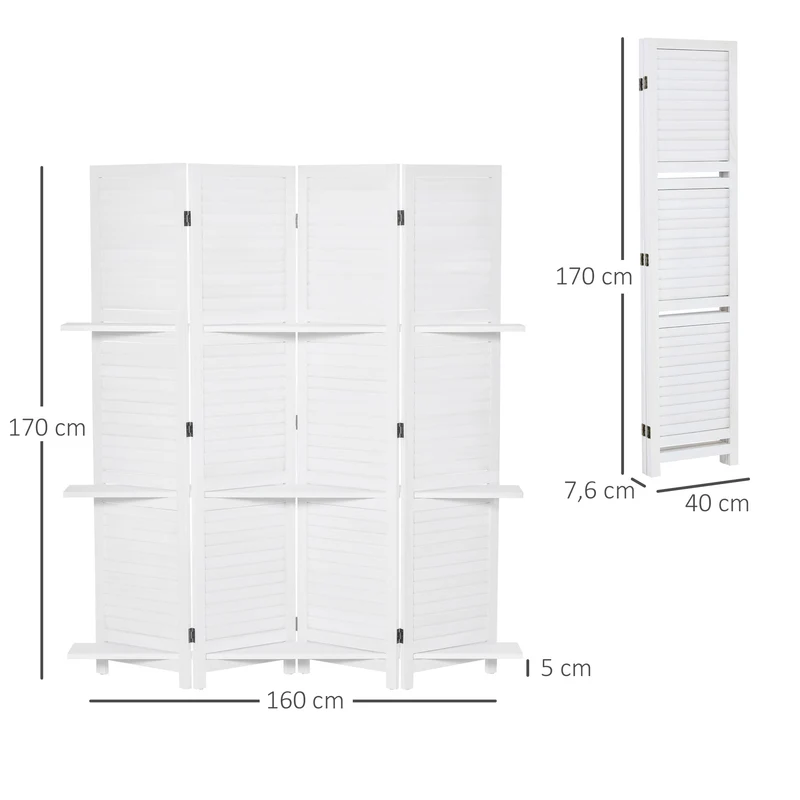 Paravent intérieur 4 panneaux 160 x 1,9 x 170 cm pliable 3 étagères scandinave épuré finition mate salon en bois blanc 21_0001229
