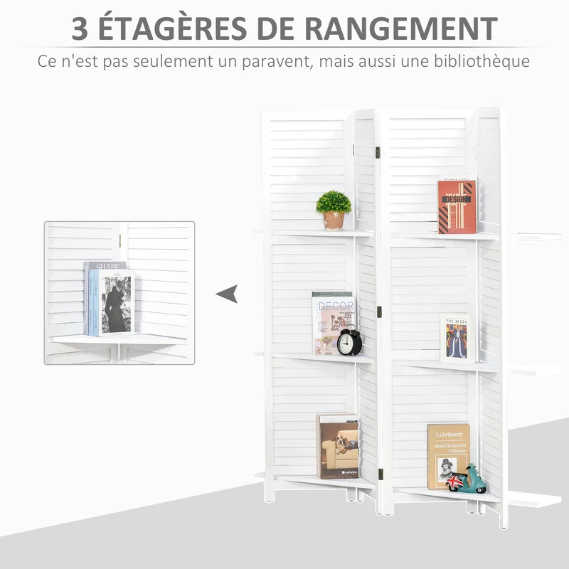 Paravent intérieur 4 panneaux 160 x 1,9 x 170 cm pliable 3 étagères scandinave épuré finition mate salon en bois blanc 21_0001229