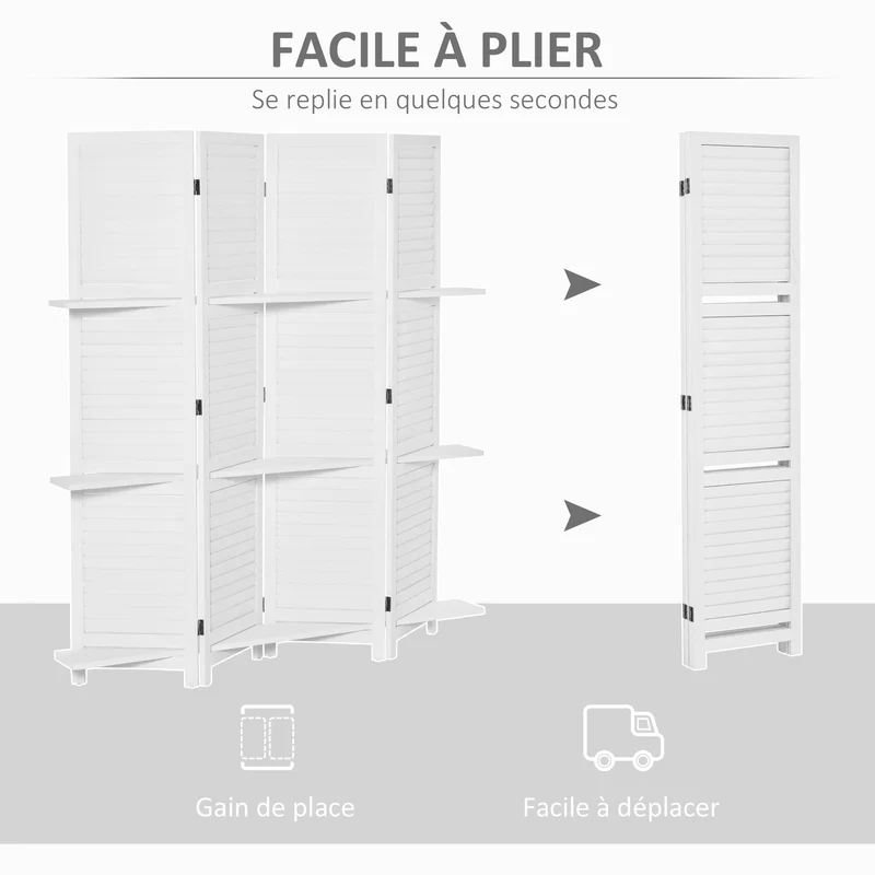 Paravent intérieur 4 panneaux 160 x 1,9 x 170 cm pliable 3 étagères scandinave épuré finition mate salon en bois blanc 21_0001229