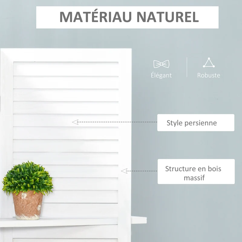 Paravent intérieur 4 panneaux 160 x 1,9 x 170 cm pliable 3 étagères scandinave épuré finition mate salon en bois blanc 21_0001229