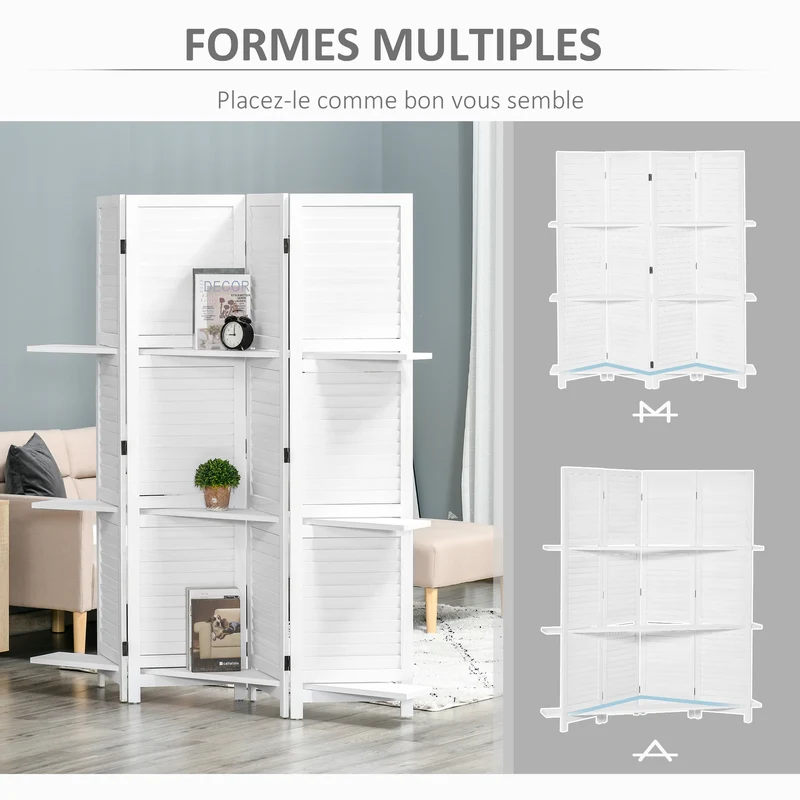 Paravent intérieur 4 panneaux 160 x 1,9 x 170 cm pliable 3 étagères scandinave épuré finition mate salon en bois blanc 21_0001229