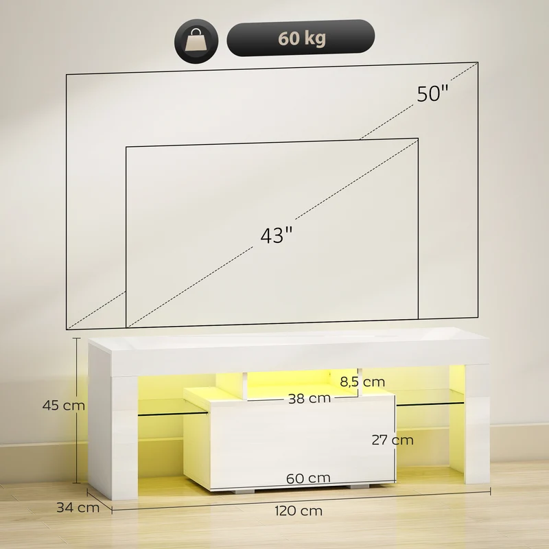 Meuble télévision 120 x 34 x 45 cm éclairage led modulable rangements multifonctionnels design moderne épuré en MDF blanc 21_0003576