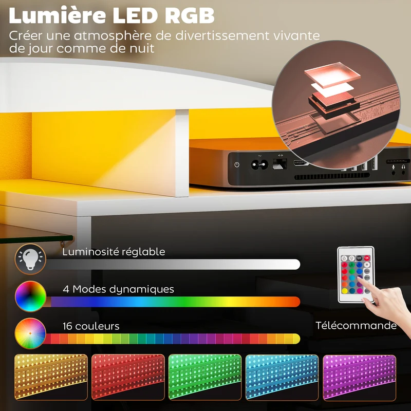 Meuble télévision 120 x 34 x 45 cm éclairage led modulable rangements multifonctionnels design moderne épuré en MDF blanc 21_0003576