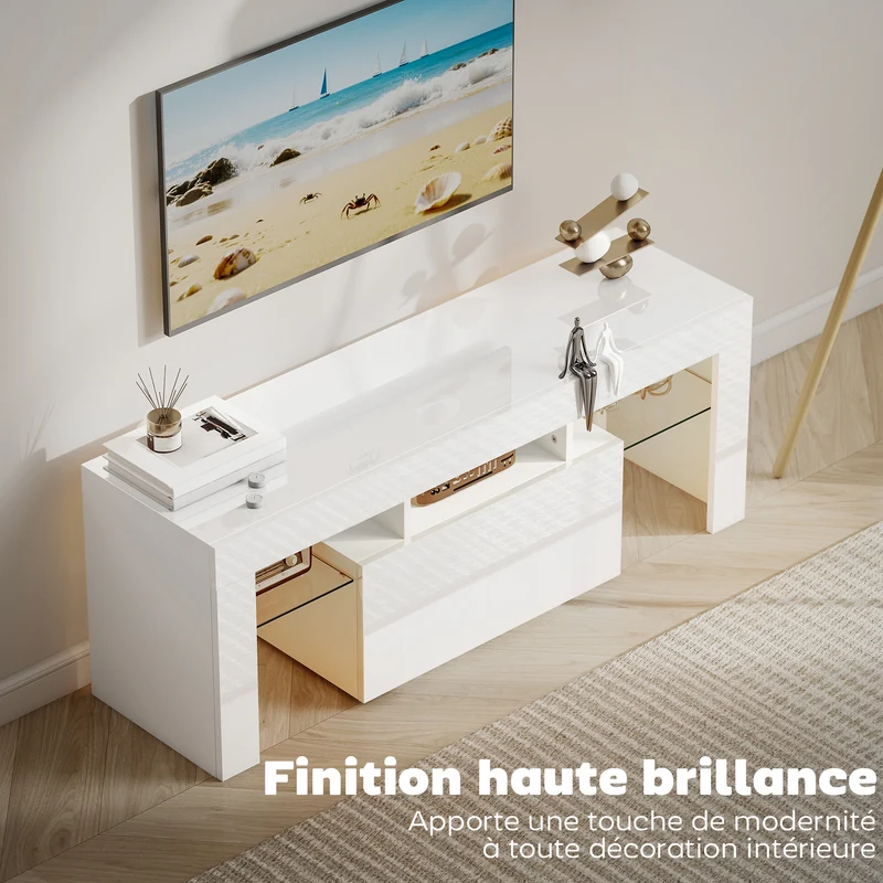 Meuble télévision 120 x 34 x 45 cm éclairage led modulable rangements multifonctionnels design moderne épuré en MDF blanc 21_0003576