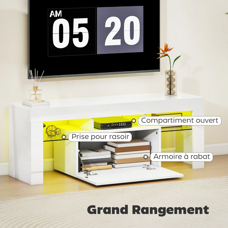 Meuble télévision 120 x 34 x 45 cm éclairage led modulable rangements multifonctionnels design moderne épuré en MDF blanc 21_0003576