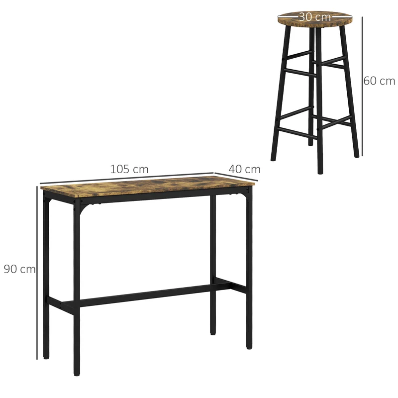 Ensemble table haute de bar 2 tabourets 105 x 40 x 90 cm gain de place tabourets rangeables rustique moderne en MDF brun 21_0003209
