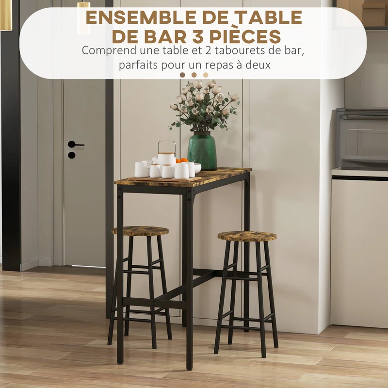 Ensemble table haute de bar 2 tabourets 105 x 40 x 90 cm gain de place tabourets rangeables rustique moderne en MDF brun 21_0003209