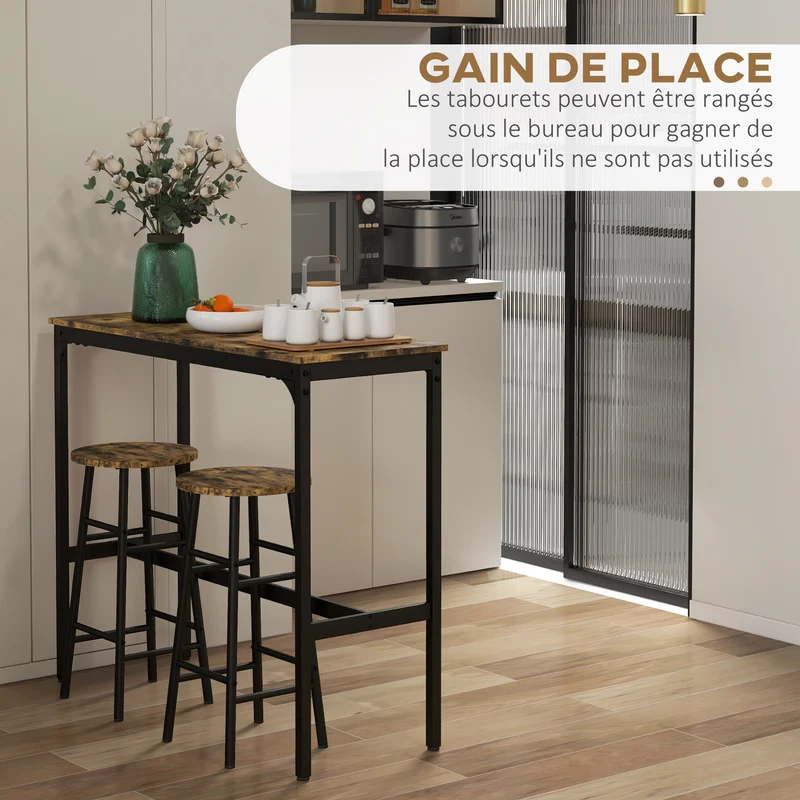 Ensemble table haute de bar 2 tabourets 105 x 40 x 90 cm gain de place tabourets rangeables rustique moderne en MDF brun 21_0003209