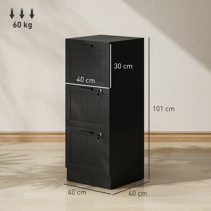Caisson de bureau 3 tiroirs 40 x 40 x 101 cm serrure 4 clés rails a4 compact finition mate moderne épuré en MDF noir 21_0006402