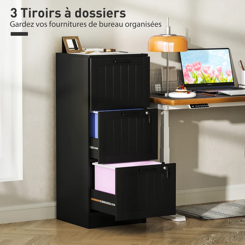 Caisson de bureau 3 tiroirs 40 x 40 x 101 cm serrure 4 clés rails a4 compact finition mate moderne épuré en MDF noir 21_0006402