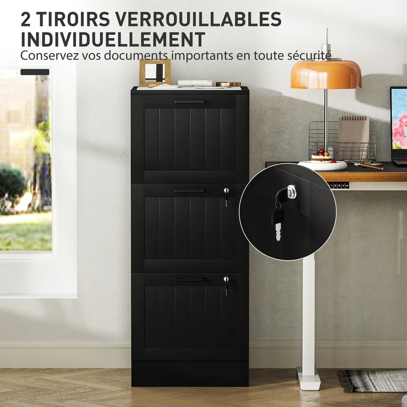 Caisson de bureau 3 tiroirs 40 x 40 x 101 cm serrure 4 clés rails a4 compact finition mate moderne épuré en MDF noir 21_0006402