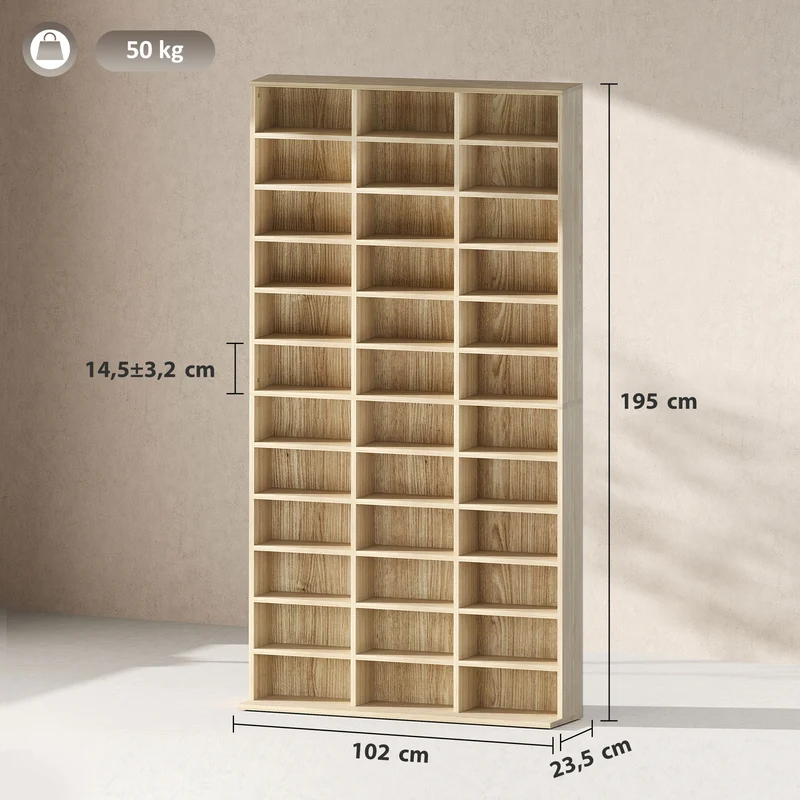 Étagère de rangement cd et dvd 102 x 24 x 195 cm capacité 36 compartiments réglables contemporain stable en MDF chêne 21_0002379