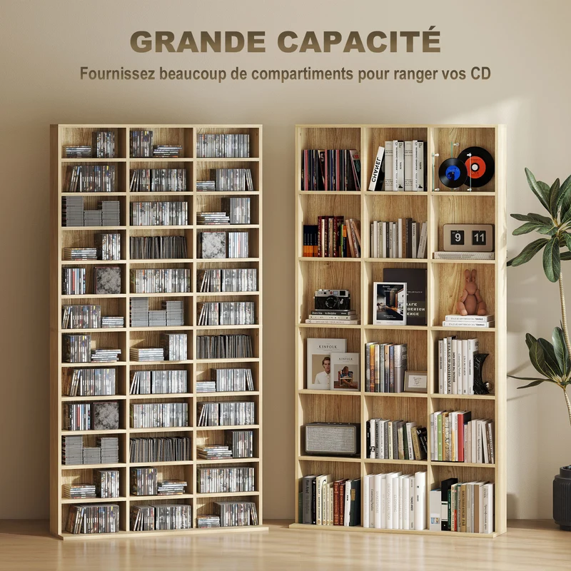 Étagère de rangement cd et dvd 102 x 24 x 195 cm capacité 36 compartiments réglables contemporain stable en MDF chêne 21_0002379