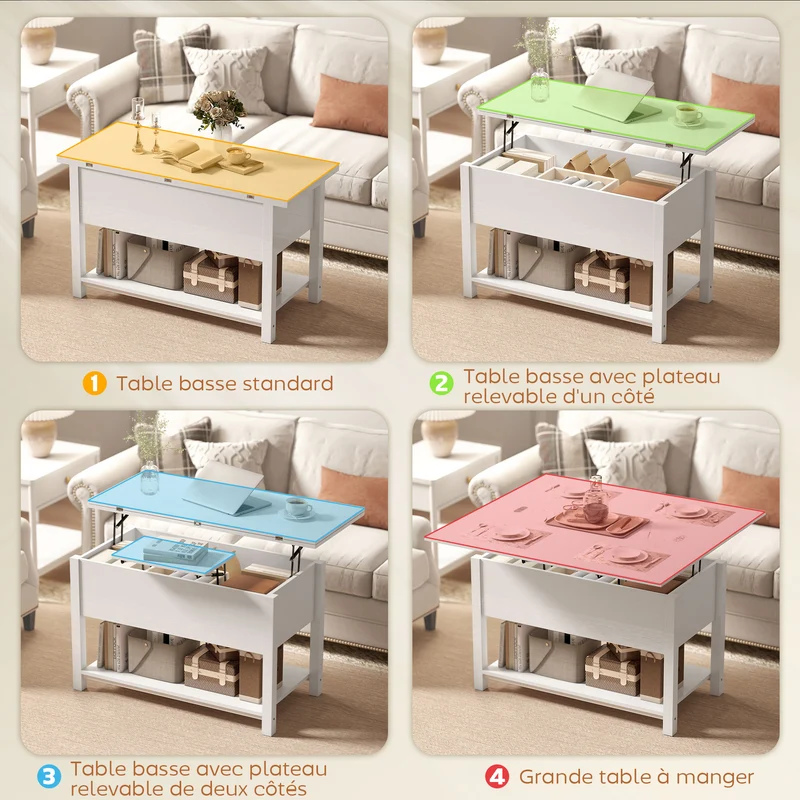 Table basse relevable extensible salon 100 x 45 x 50,5 cm rangement caché mécanisme silencieux moderne cosy en MDF blanc 21_0003594