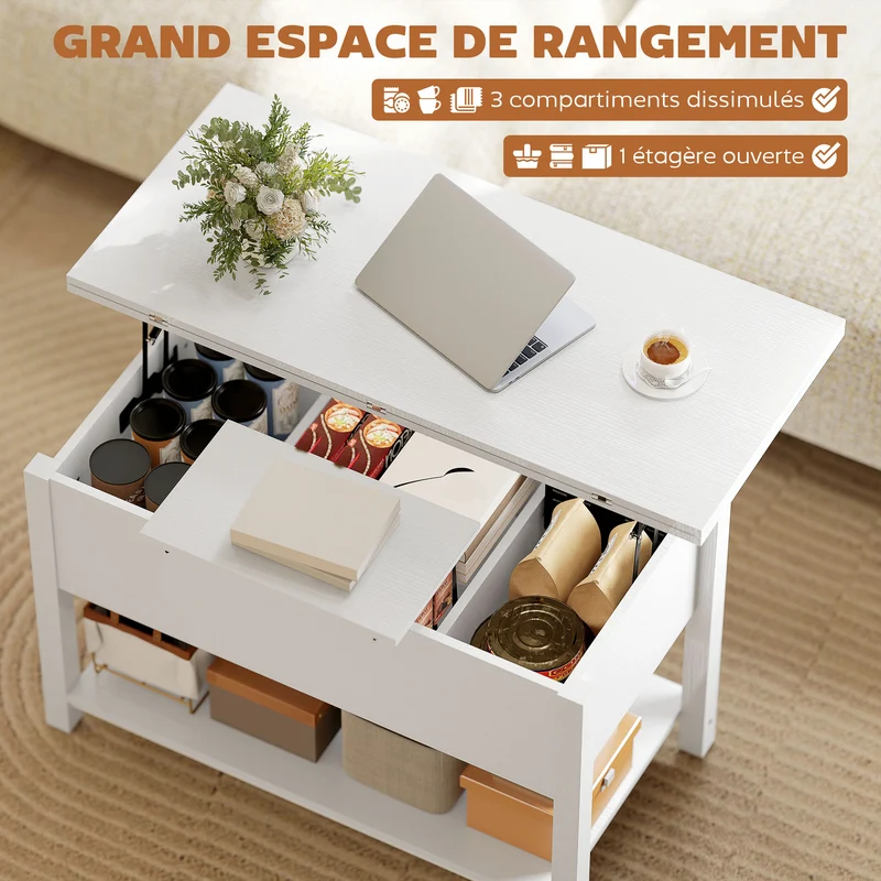 Table basse relevable extensible salon 100 x 45 x 50,5 cm rangement caché mécanisme silencieux moderne cosy en MDF blanc 21_0003594