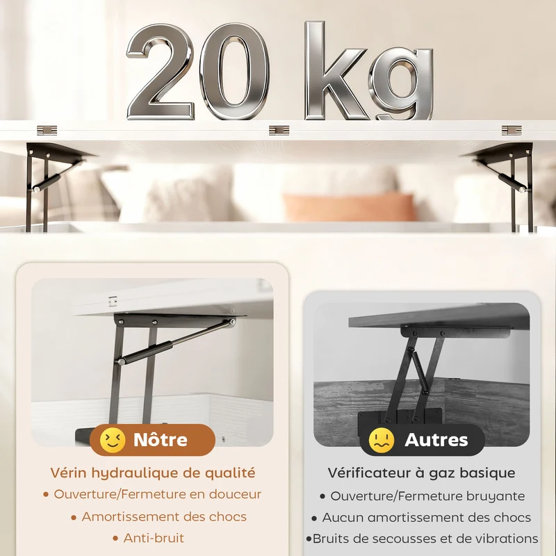Table basse relevable extensible salon 100 x 45 x 50,5 cm rangement caché mécanisme silencieux moderne cosy en MDF blanc 21_0003594