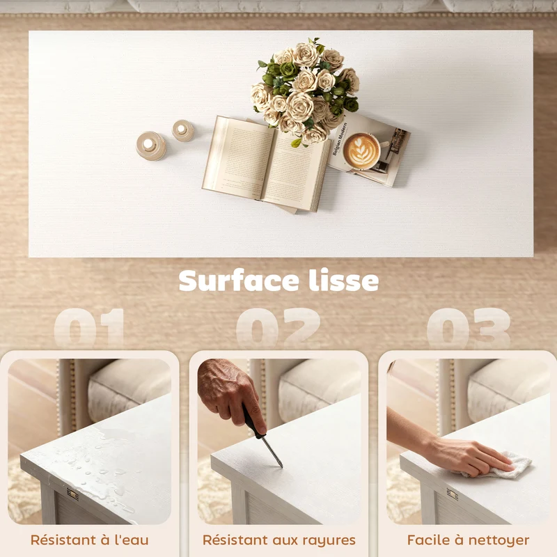 Table basse relevable extensible salon 100 x 45 x 50,5 cm rangement caché mécanisme silencieux moderne cosy en MDF blanc 21_0003594