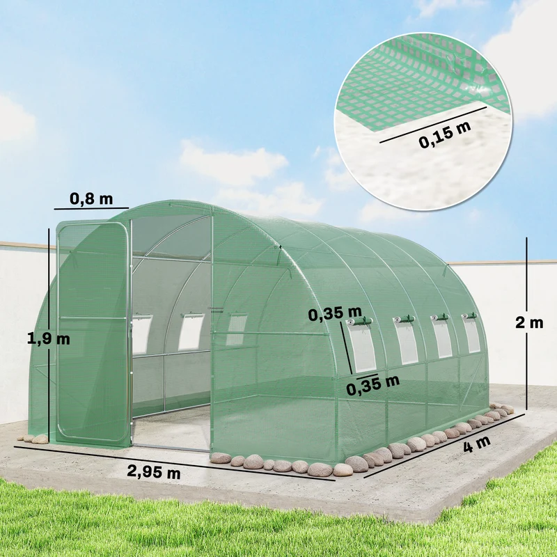 Serre tunnel de jardin 295 x 400 x 200 cm porte battante 8 fenêtres roulantes aération stabilité moderne en pe vert 21_0005609