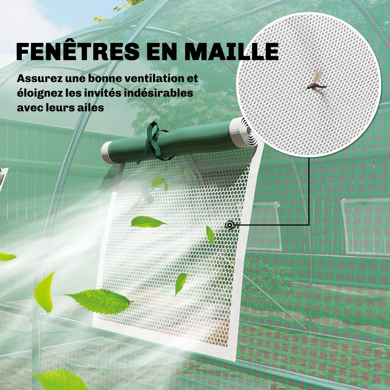 Serre tunnel de jardin 295 x 400 x 200 cm porte battante 8 fenêtres roulantes aération stabilité moderne en pe vert 21_0005609