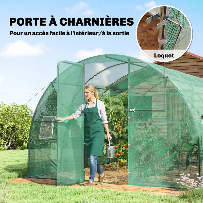 Serre tunnel de jardin 295 x 400 x 200 cm porte battante 8 fenêtres roulantes aération stabilité moderne en pe vert 21_0005609