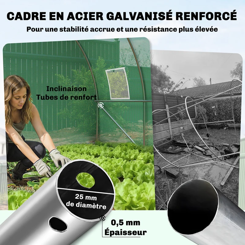 Serre tunnel de jardin 295 x 400 x 200 cm porte battante 8 fenêtres roulantes aération stabilité moderne en pe vert 21_0005609