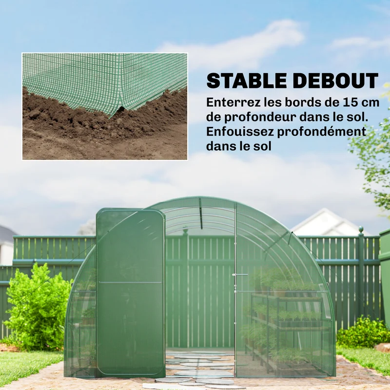 Serre tunnel de jardin 295 x 400 x 200 cm porte battante 8 fenêtres roulantes aération stabilité moderne en pe vert 21_0005609