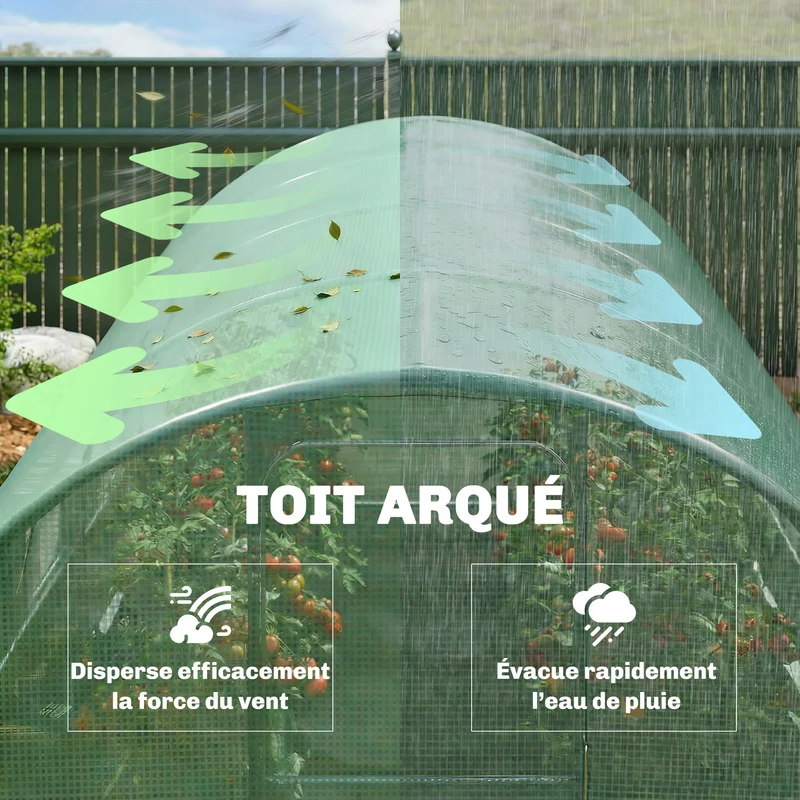 Serre tunnel de jardin 295 x 400 x 200 cm porte battante 8 fenêtres roulantes aération stabilité moderne en pe vert 21_0005609