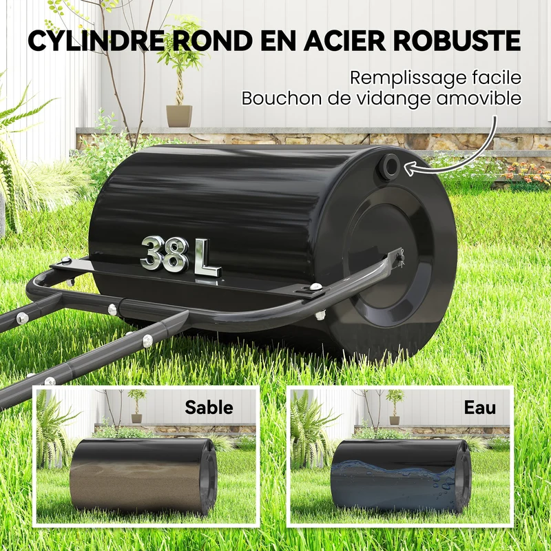 Rouleau à gazon 58 x 32.5 x 113 cm remplissable eau ou sable poignée ergonomique détachable industriel en acier noir 21_0004148