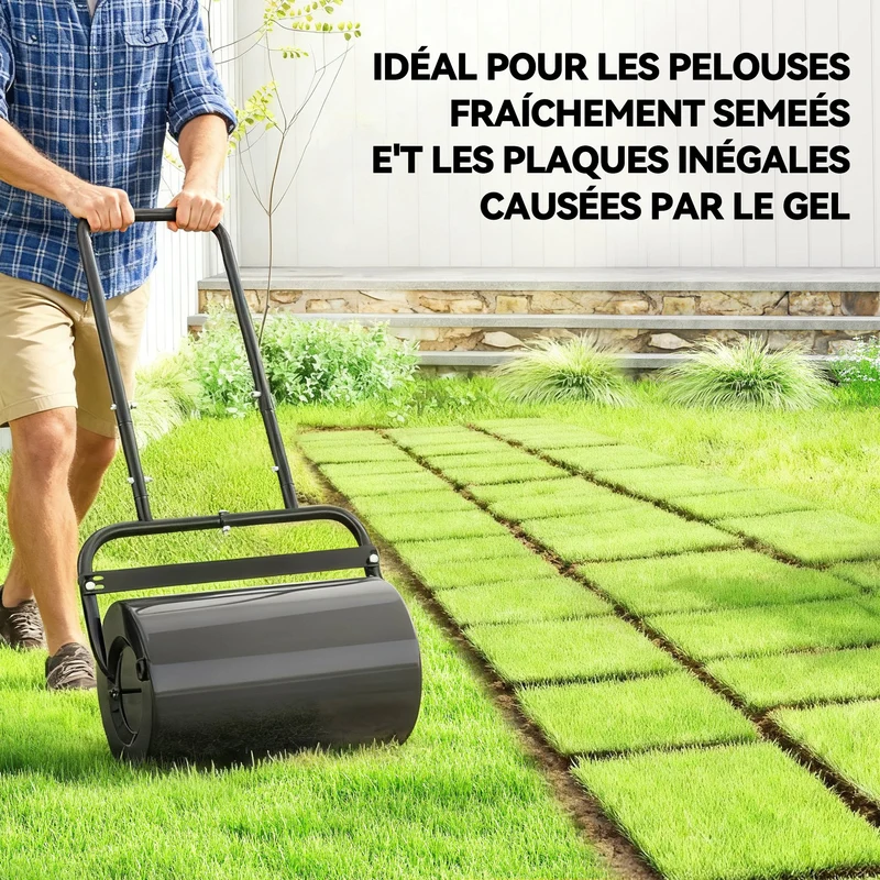 Rouleau à gazon 58 x 32.5 x 113 cm remplissable eau ou sable poignée ergonomique détachable industriel en acier noir 21_0004148