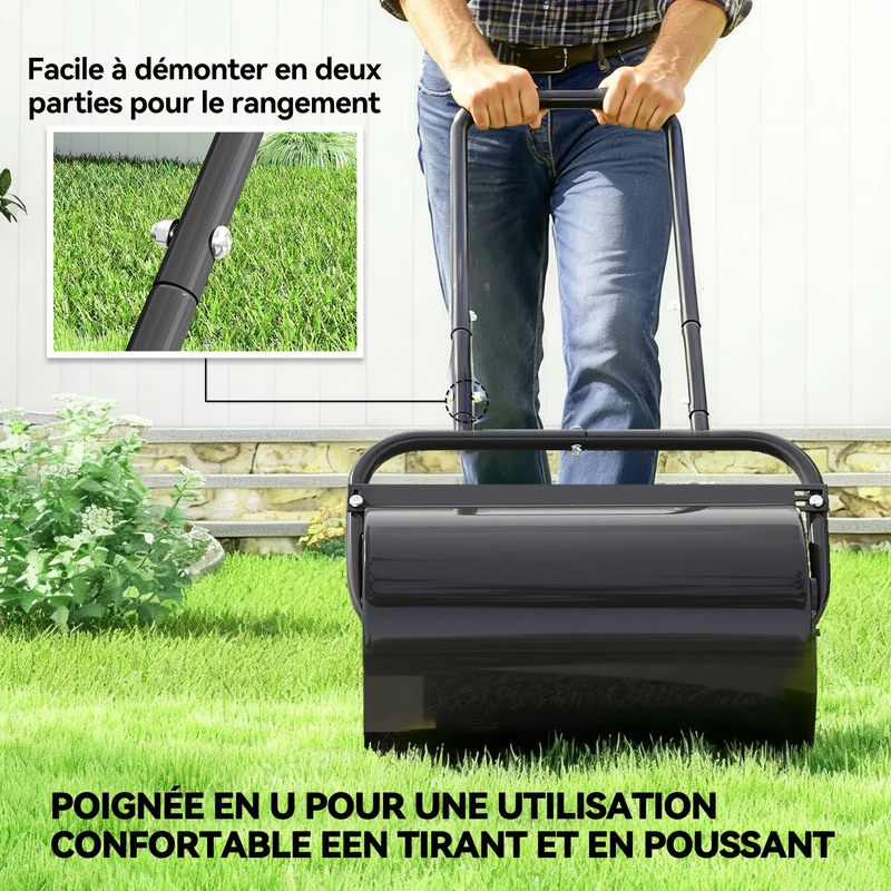 Rouleau à gazon 58 x 32.5 x 113 cm remplissable eau ou sable poignée ergonomique détachable industriel en acier noir 21_0004148