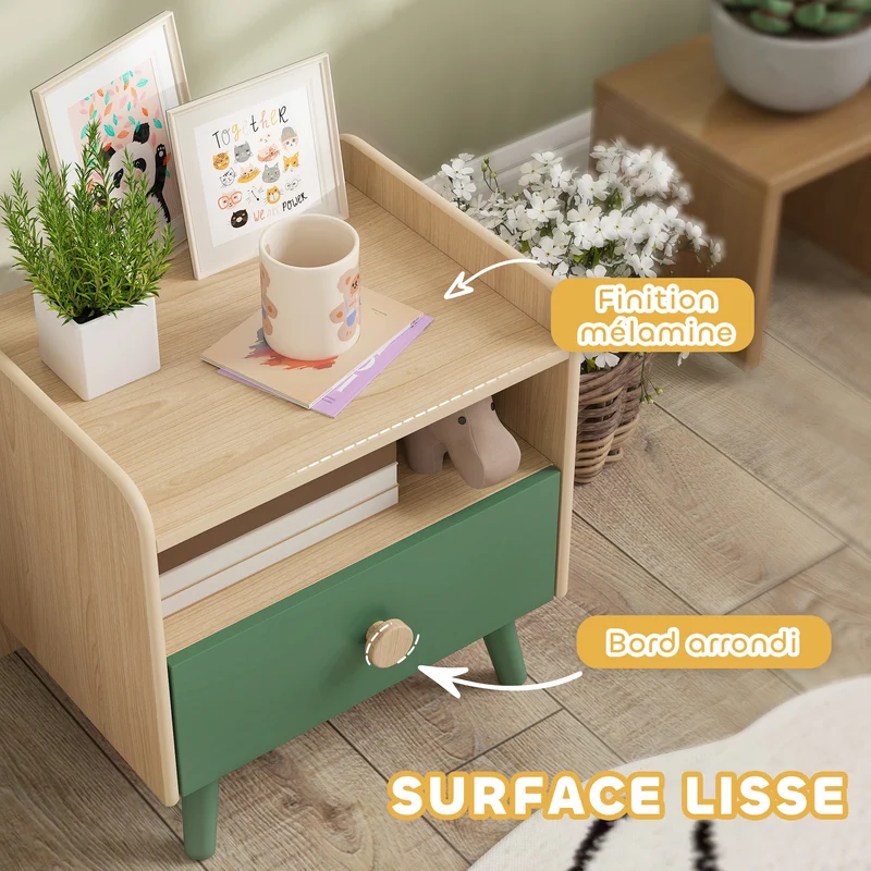Lot de 2 tables de chevet enfant 40 x 32,5 x 40 cm rangement tiroir et niche nettoyable scandinave épuré en MDF vert 21_0000259