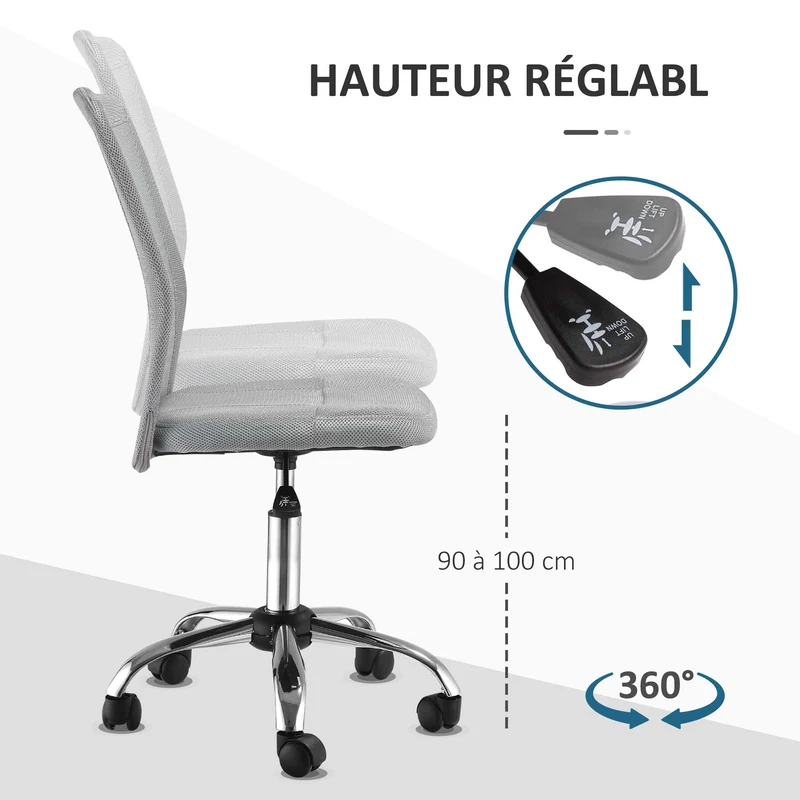 Chaise de bureau ergonomique 43 x 58 x 100 cm réglable 42-52 cm pivotant 360 degrés salon design moderne en tissu gris 21_0006168