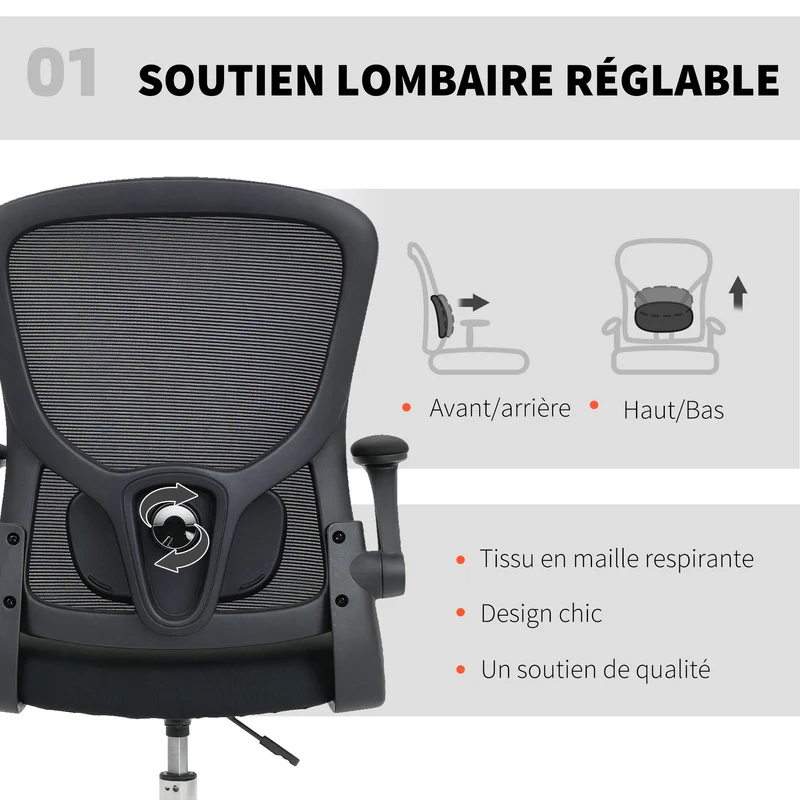 Chaise de bureau atelier ergonomique 60 x 60 x 108-132 cm soutien lombaire accoudoirs relevables moderne en maille noir 21_0006321