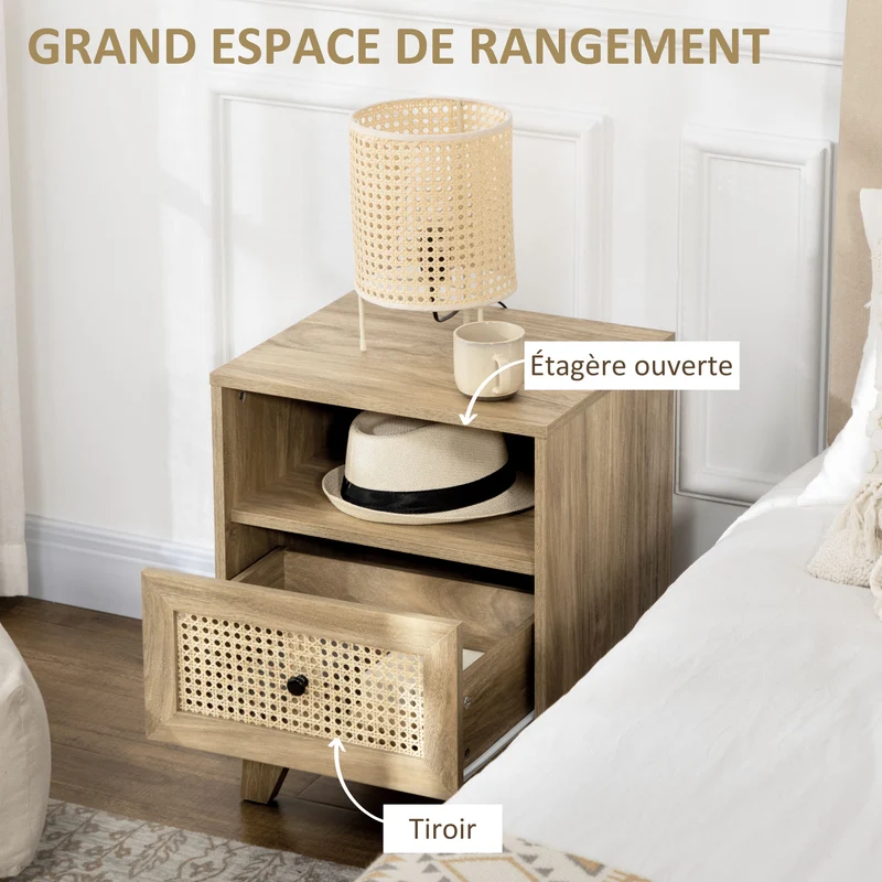 Table de chevet compacte 45 x 39 x 56,5 cm rangement tiroir et niche épuré style vintage pieds fins cosy en MDF naturel 21_0001533