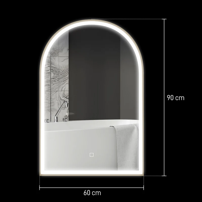 Miroir salle de bain mural arqué 90 x 3 x 60 cm éclairage led réglable anti-buée ip44 moderne épuré en verre trempé doré 21_0002055