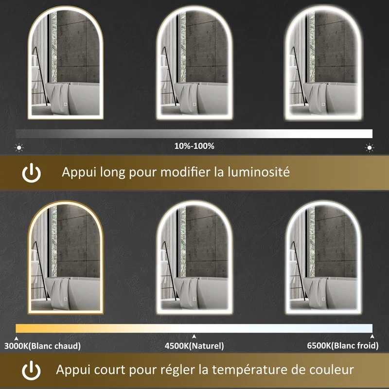 Miroir salle de bain mural arqué 90 x 3 x 60 cm éclairage led réglable anti-buée ip44 moderne épuré en verre trempé doré 21_0002055