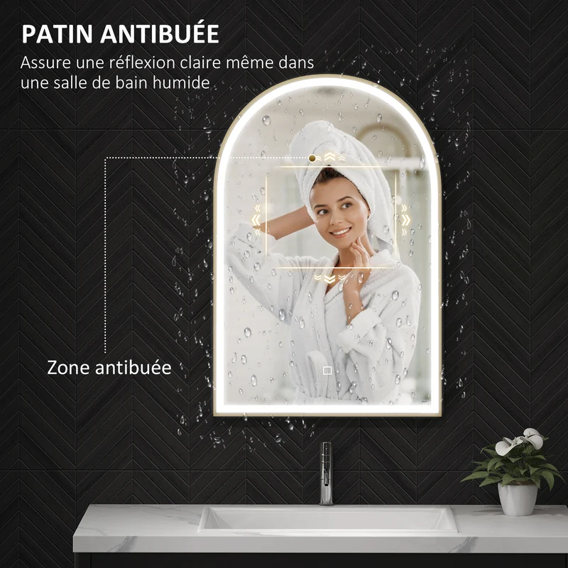 Miroir salle de bain mural arqué 90 x 3 x 60 cm éclairage led réglable anti-buée ip44 moderne épuré en verre trempé doré 21_0002055
