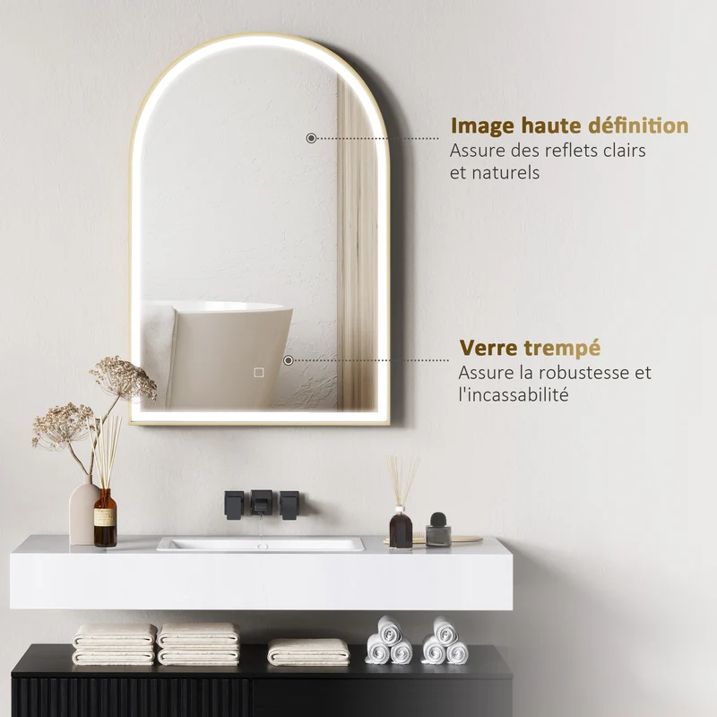 Miroir salle de bain mural arqué 90 x 3 x 60 cm éclairage led réglable anti-buée ip44 moderne épuré en verre trempé doré 21_0002055