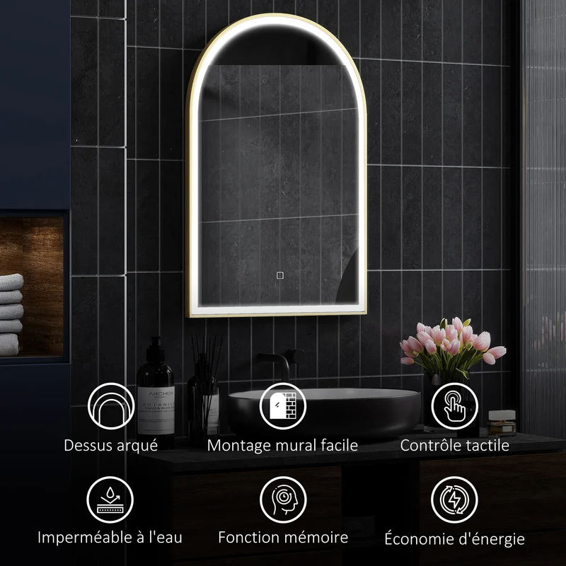 Miroir salle de bain mural arqué 90 x 3 x 60 cm éclairage led réglable anti-buée ip44 moderne épuré en verre trempé doré 21_0002055