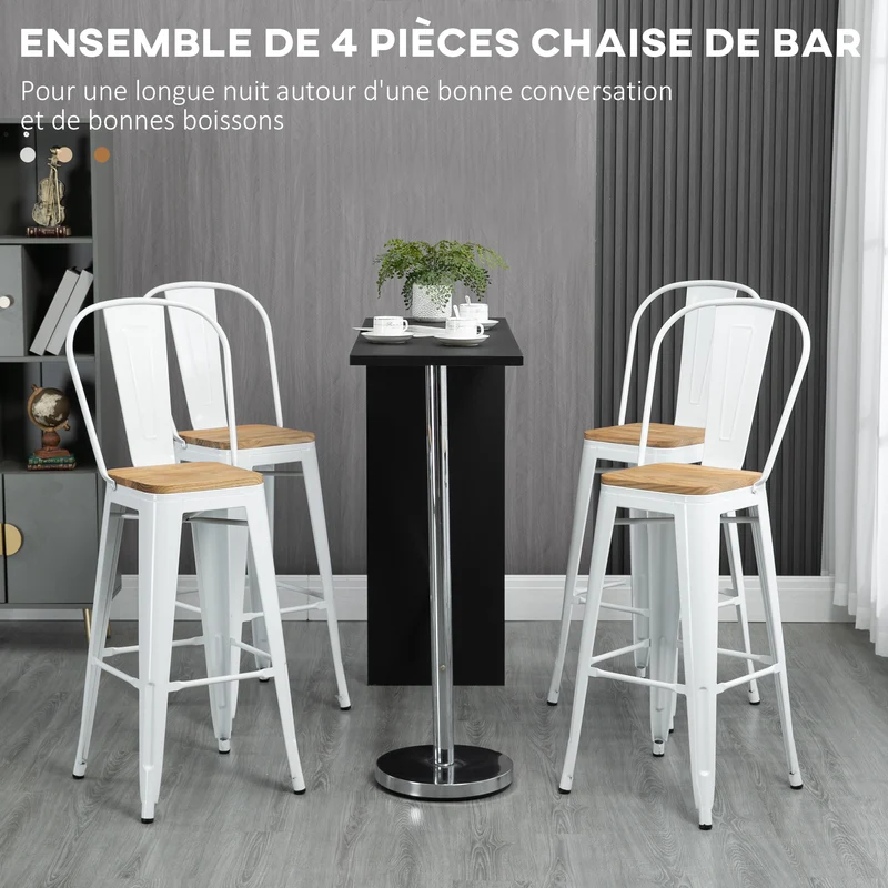Lot de 4 tabourets de bar dossier ergonomique repose-pied 44 x 48 x 117 cm style industriel contemporain en acier blanc 21_0002295
