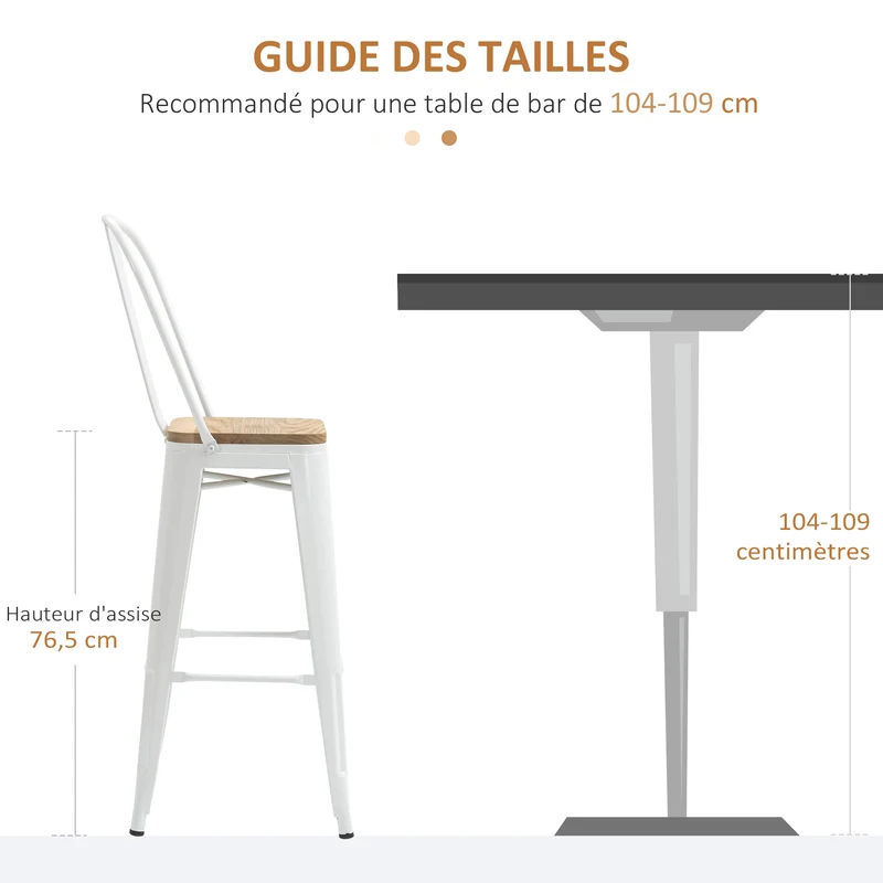 Lot de 4 tabourets de bar dossier ergonomique repose-pied 44 x 48 x 117 cm style industriel contemporain en acier blanc 21_0002295