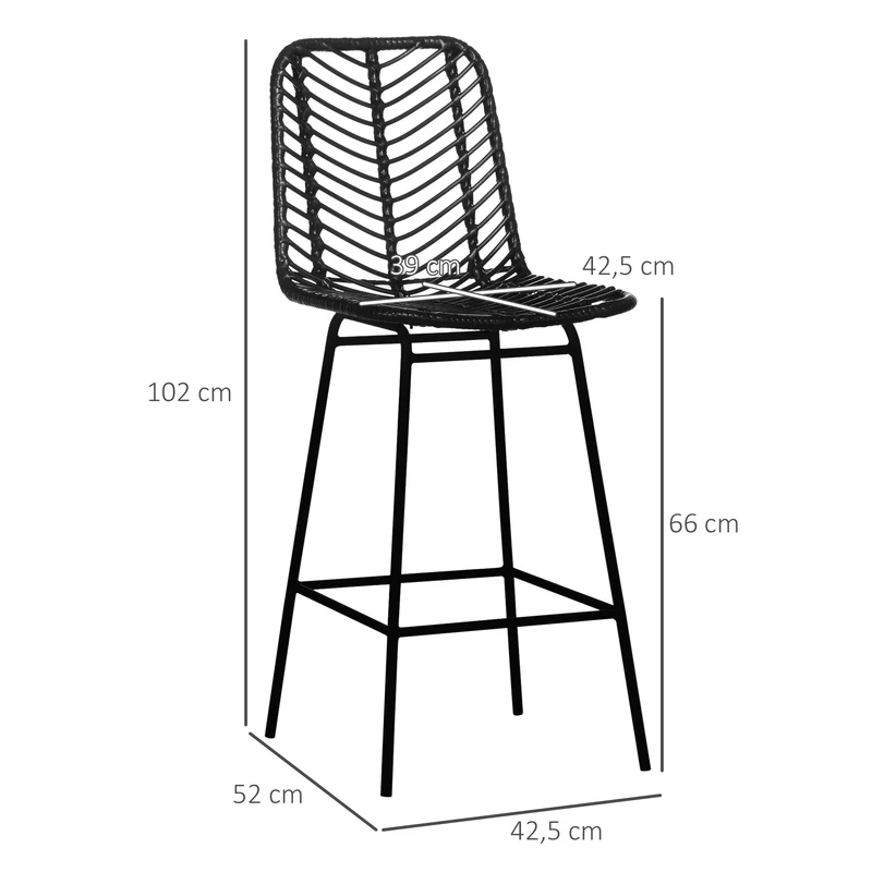 Lot de 2 tabourets de bar 42,5 x 52 x 102 cm assise cannage repose-pieds confortable vintage industriel en résine noire 21_0002322