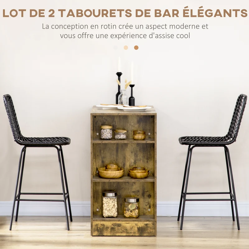 Lot de 2 tabourets de bar 42,5 x 52 x 102 cm assise cannage repose-pieds confortable vintage industriel en résine noire 21_0002322